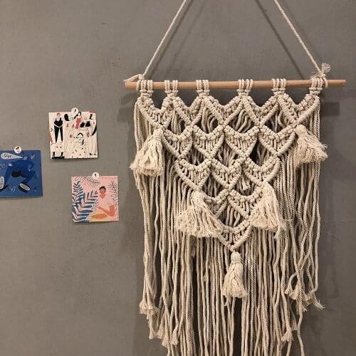 Nordic Macrame Tapestry Wall Hanging Handmade Cotton Line Ornaments Beige Bohemian Living Room Background Decoration