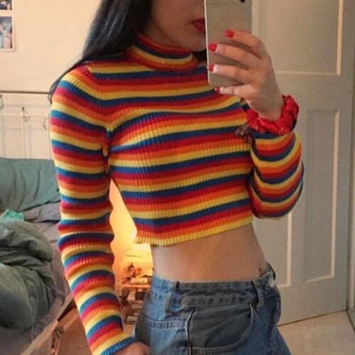 Womens Autumn Long Sleeve Turtleneck Sweater Colorful Rainbow Stripes Short Crop Tops Bodycon Ribbed Knitted Basic Pullover