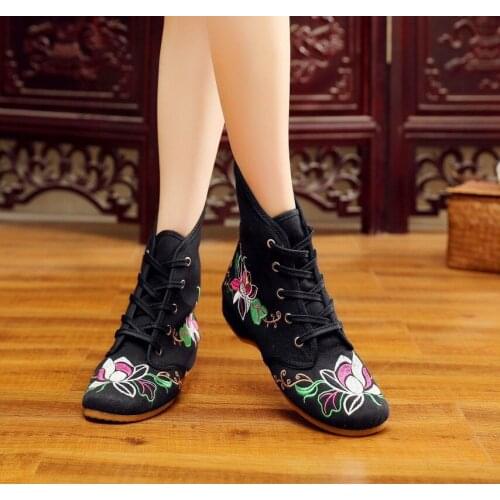 Size 34-41 Womens Chinese Style Boots Spring Autumn Female Embroider Shoes Martin Botas Mujer Lace-Up Floral Canvas Booties Y28