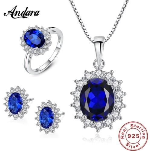 Woman Wedding Jewelry Sets 925 Sterling Silver Blue Gem Geometric Clear CZ Necklace Earrings Rings Set Free Shipping