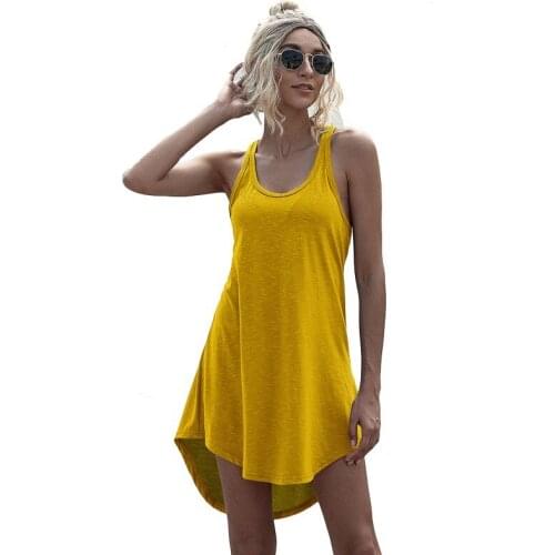 Yellow Summer Tank Dress Women 2021 Casual Solid O-Neck Sleeveless Asymmetrical Mini Dress 3XL Vestidos