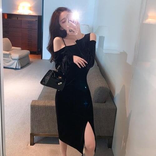 2020 free shipping womens dress black color gold velvet off shoulder split waist pack hip long sleeve dress
