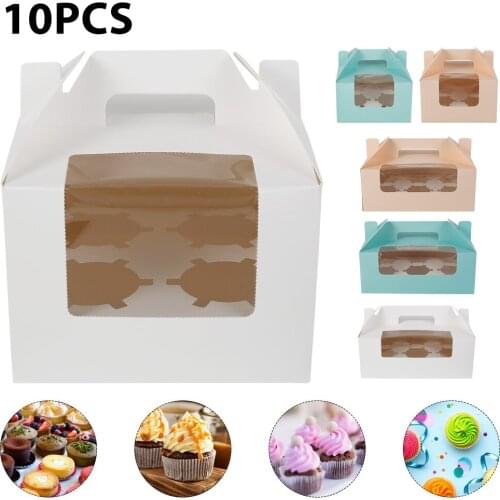 10pcs 4/6 Cavity Transparent Cupcake Boxes With Handle Packaging Cake Cookie Boxe with Window for Party Xmas Kitchen Accessories