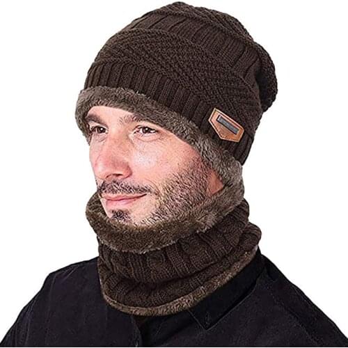 2PCS/SET Neck Warmer Knitted Hat Scarf Set Fur Wool Lining Thick Warm Knit Beanies Balaclava Winter Hat Men Casual Cap