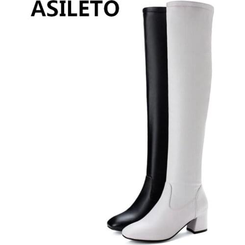 ASILETO 2021 Fashion Over The Knee Boots Sexy Zip Round Toe Party Nightclub Short Plush Block Heel Size34-45 Black White A4530