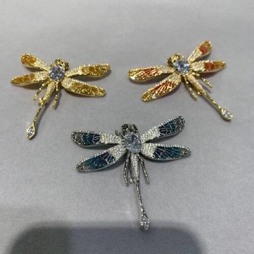 Fashion jewelry insect cubic zircon dragonfly brooch blue gold orange color trendy free shipping 51*48MM