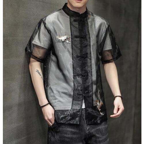 Black Silk See Through Summer Shirts For Men Collar Chinese Buckle Vintage Blouse Transparent Mandarin Kung Fu Style Men Clothes