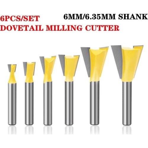 6pcs 6mm/6.35mm Shank Dovetail Milling Cutters 1/4 Inch Shank Router Bits For Wood Carving Woodworking Tools
