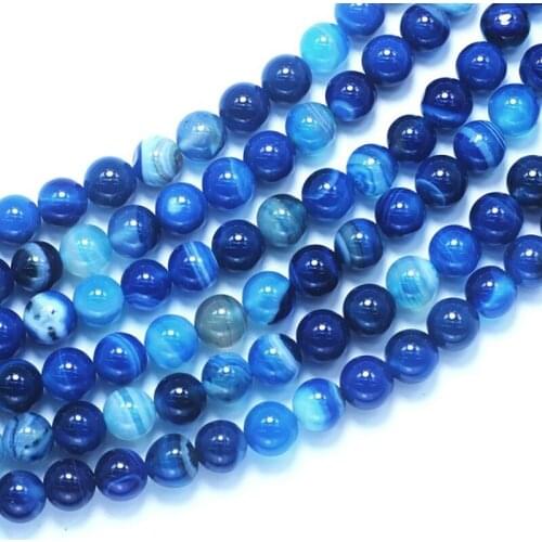 Round Blue Stripe Natural Stone Beads and Beads for Jewelry Making DIY Bracelet Necklace Jewelery Beads Strand 15"