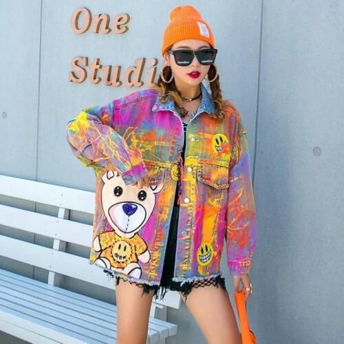 Spring Autumn Fashion Women Loose Denim Jacket 2021 New Women Colorful Graffiti Printed Jacket Female Cartoon Cowboy Outwear