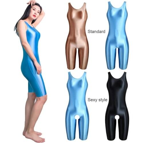 MJINM Summer Womens Sexy Tights Oil Glossy One-piece Catsuit Sports Pants Waistcoat Open Crotch Jumpsuits Rompers Playsuits