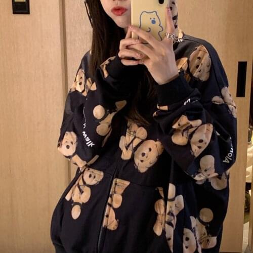 Web celebrity fashion full print bear hoodie ladys new loose BF ultra fire fall jacket cardigan zipper thin style