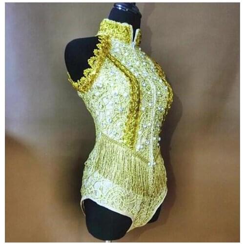 Fashion Shining Sexy Summer Gold Rhinestones Tassel Bodysuit Celebrate Outfit Dance Wear Party Costume Singer Dance Clothes