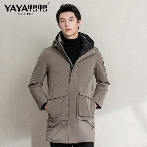 YAYA 2021 Mens White Duck Down Jacket Hooded Medium length Thick Down Coat Windbreak Waterproof Loose Casual Warm Outerwear