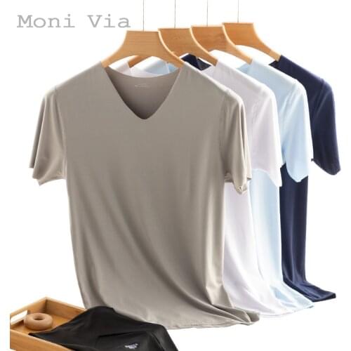 2021 Mens Ice Silk T-Shirt V-Neck Short-Sleeve Solid Color Elastic Leisure T-Shirt For Men Big Size -5XL Slim Tops Male Clothes