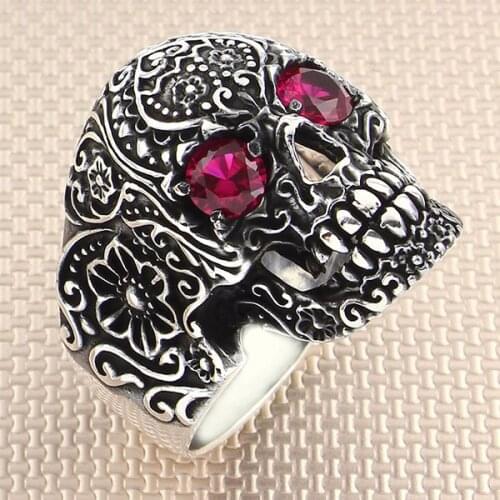 Skull Silver Ring With Red Zircon Stone and Flowers Motif Men Silver Ring Made In Turkey Solid 925 Sterling Silver