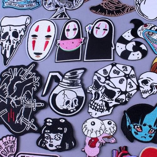 Cartoon Anime Faceless Patches For Clothing Skull Heart Iron on Embroidered Patches On Clothes DIY Hippie Applique Badge Stripe