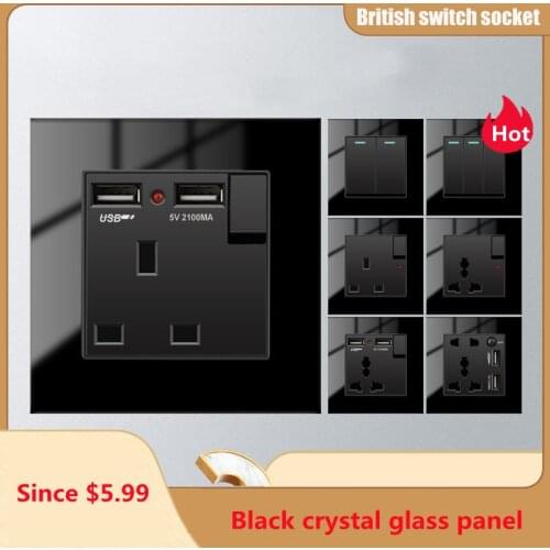 Depoguye Black Glass UK Standard USB Wall Socket, Universal 5-hole Socket with Dual USB plug2.1A Charging Ports AC110V-250V
