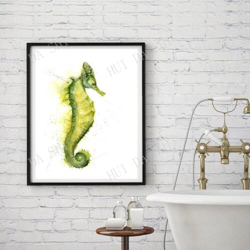 Watercolor Seahorse print wall decor, Ocean animal, Green fish painting, underwater Seaweed Modern Bath wall art