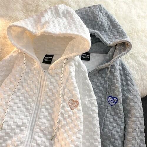 Autumn New Waffle Sweater Womens Thin Korean Blouse Hooded Zipper Cardigan Womens Coat Vintage Long Sleeve Pullovers Jacket