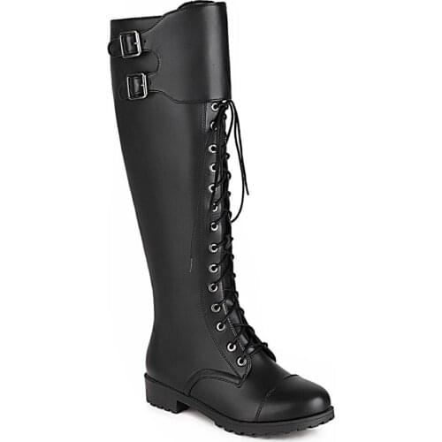 Round Toe Low-Heel Cross-Laced Double Belt Buckle Knee-Length Boots, Side Zipper PU Lace-Up Plush Motorcycle Boots