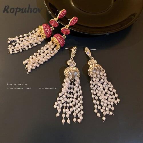 ROPUHOV 2021 New Korean Trendy Jewelry 925 Silver Needle Studded Pearl Tassel Earrings Long Gentle Earrings Fashion Earrings
