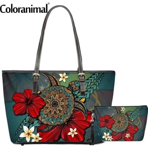 Coloranimal Pretty Women 2Pcs/Set PU Shoulder Bag&Wallet Hawaiian Turtle With Hibiscus Printed Female Crossbody Bag Tote Handbag