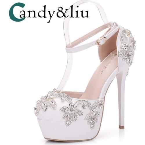 Crystal Flower Wedding Shoes Super High Heel Ankle Strap with Platform Women Sandals for Party Banquet Bridesmaid Handmade
