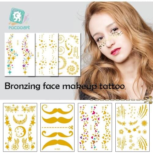 Rocooart Gold Face Tattoo Flash Tattoo Fashion Waterproof Blocked Freckles Make Up Body Art Sticker Eye Decals Bride Tribe Party