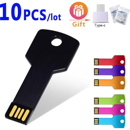 Customize logo USB Pen Drive 10pcs/lot Metal Key Memory Stick 4GB 8GB 16GB 32GB 64GB USB 2.0 Flash Drive pendrive Cle USB Disk