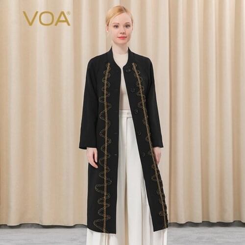 VOA 60m/m silk collar shoulder long sleeve quicksand black and yellow line decorative wood ear single-breasted windbreaker FE65