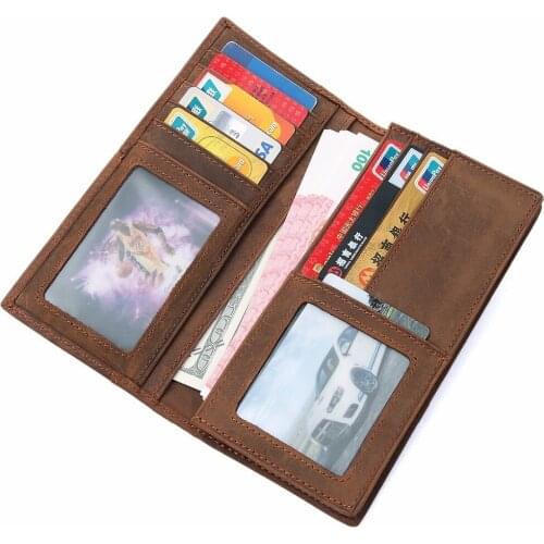 High Quality Long Wallet for Men Multi ID Credit Crazy Horse Leather Card Holder Retro Male Long Purse