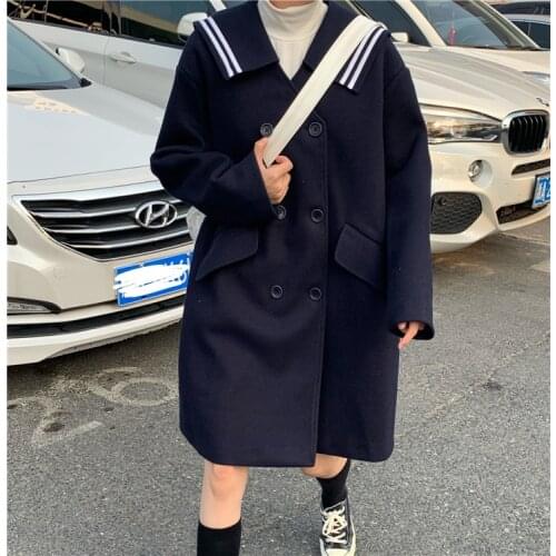 Japanese Autumn Winter New Windbreaker Coat Preppy Style Sailor Collar Double Breasted JK Coat Vintage Loose Casual Windbreaker