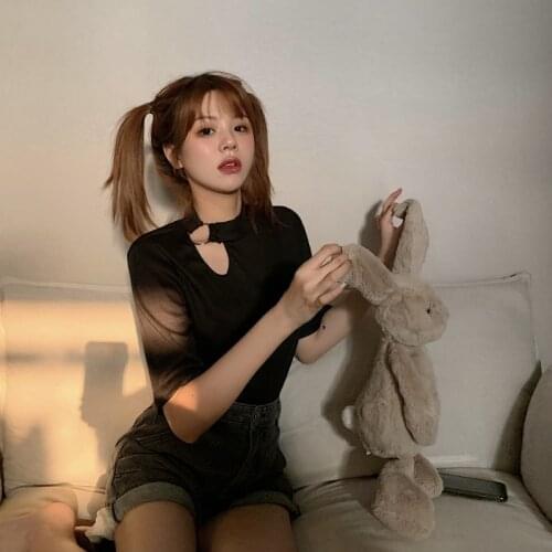 Wenfly Women Summer Tops Half High Collar Hollow Out Design Loose Casual Korean Female Clothes Vintage Sweet T-shirt