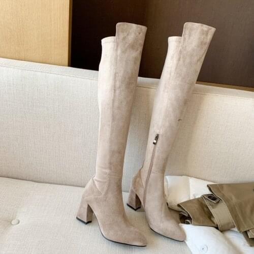 Ochanmeb High Quality Stretch Faux Suede Knee High Boots Women Office Party Nude Gray High Heels Zipper Long Boot Woman Shoes 41