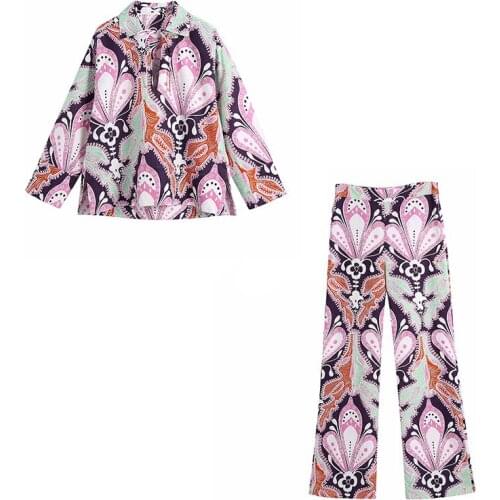 Summer Women 2 Piece Sets Vintage Floral Printed Blouse Shirt Casual High Waist Zipper Fly Long Pants Ladies Loose Outfit