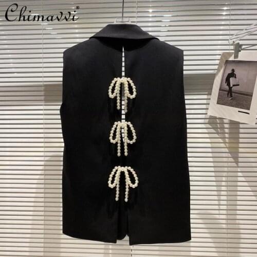 2021 Autumn Womens Clothing New Sexy Back Slit Pearl Bow Design Suit Vest Loose Show Thin Black Temperament Coat Feminine