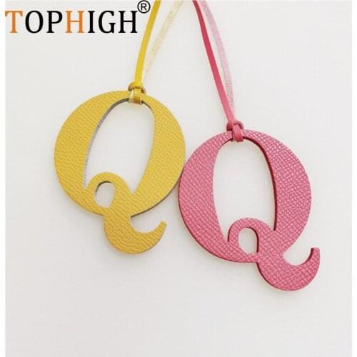 TOPHIGH New Genuine Leather Capital English Letter Q Shape Ornaments For Women Newly Design Tote Charms Girl Backpack Tassel