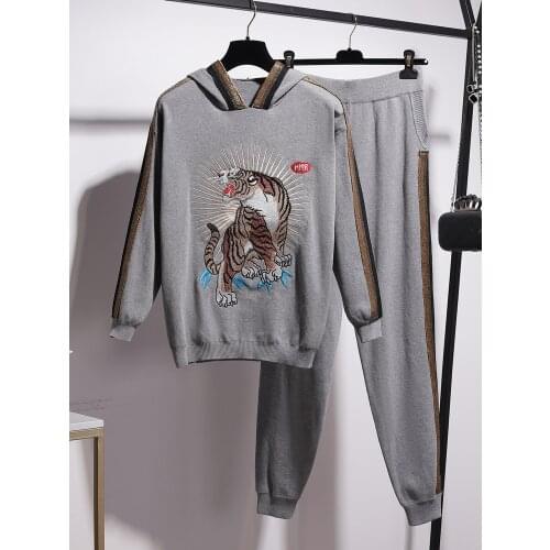 Pieces Sets Casual Women Tracksuits Luxury Tiger Embroidery Knitted Hoodies+ Full-Lenght Pants 2 Piece Sportsuits