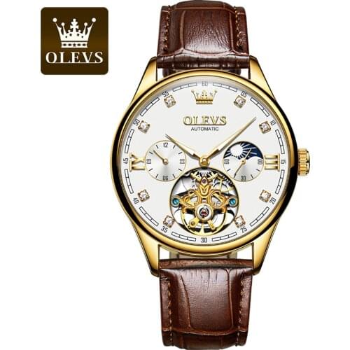 OLEVS Automatic Mechanical Men Watches Hot-selling Fashion Trend hollow Flywheel Men Business Watch Genuine Leather Waterproof