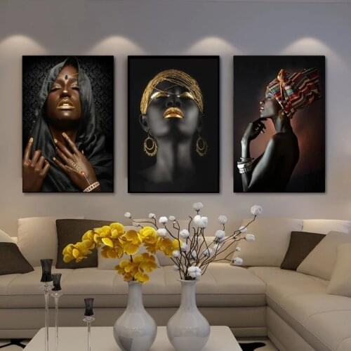 Black Woman with Gold Necklace and Jewelry Poster and Print on Canvas Wall Art Painting Portrait Pictures for Room Home Decor