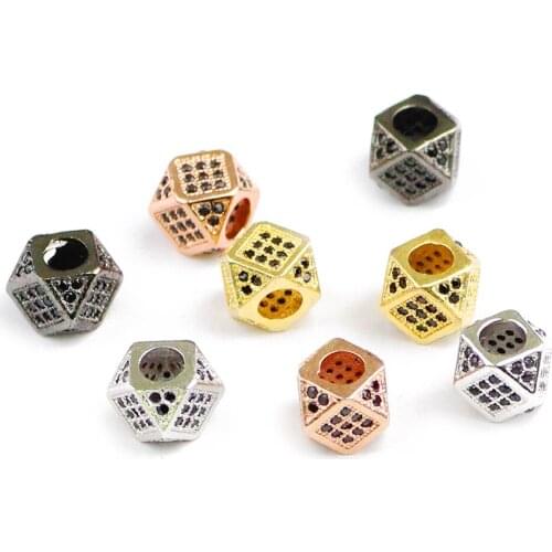 HGKLBB 2pcs Black Zircon Geometric Copper Spacer beads 7mm CZ Crystal Charms metal Loose beads for Jewelry making bracelet DIY