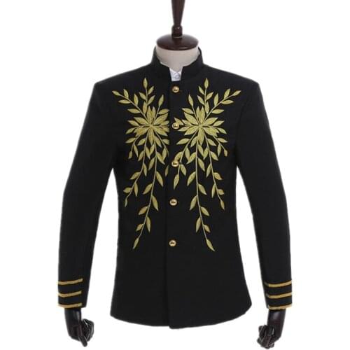 Military Style Mens Golden Leaf Pattern Embroidery Slim Blazer Jackets Male Black Classical Single Breasted Performance Coat