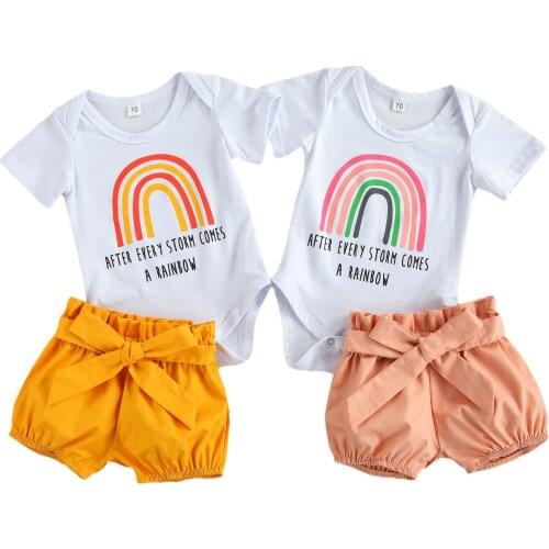 0-24M Summer Fashion Girl Clothes 2pcs Girl Rainbow printed Short Sleeve Romper Top Shorts Baby Clothing Set Infant Clothes Suit