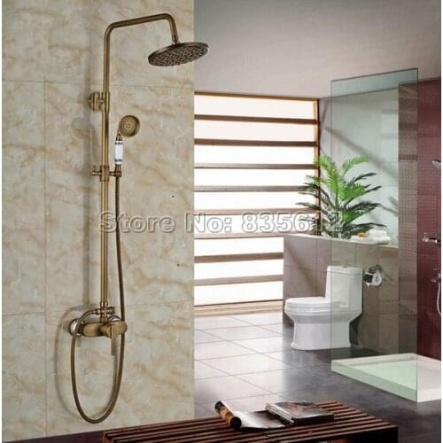 New Arrival Bathroom Rain Shower Faucet Set Antique Brass Shower Faucet Set 8 Inch Shower Head Hand + Shower Sprayer j006