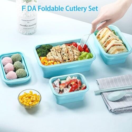 4 PCS/SET FDA Cutlery Set Eco Friendly Silicone Utensil Case Foldable Outdoor Picnic Travel Tableware Microwave Bento Lunch Box