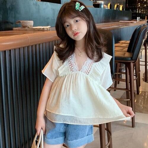 2021 new Fashion Girls Summer Shirts Sweet Lace Tops Bousers Girl Kids Princess Tees Children Clothes 3-14age