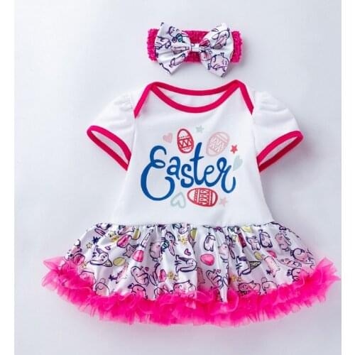 Baby Girls Easter Clothes Set, Cartoon Printed Romper Dress Princess Party Bodysuits Skirt with Headband New Style 2021
