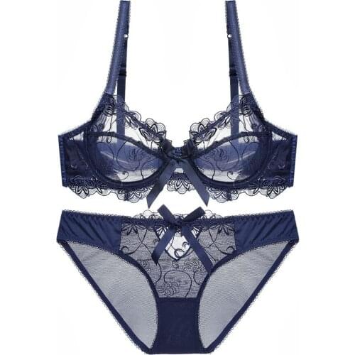 Sexy Sheer Embroidery Lace Bra Panty Set Womens Lingerie Transparent Plus Big Size Bra & Brief Sets B C D Cup Wire Bra Set