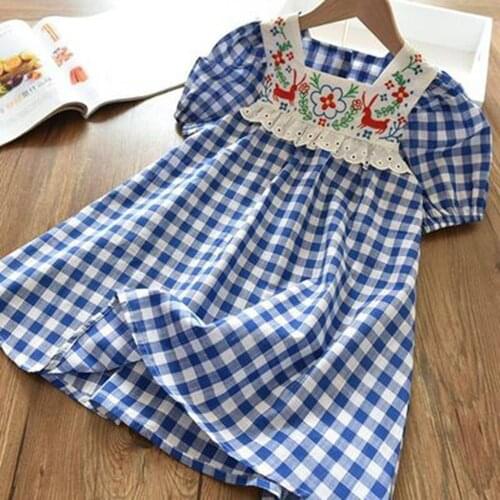 CasualSummer Girls Kids Princess Plaided Dress Puff Short Sleeve Children Baby Embroidery Dresses Vestidos Outfits S12659